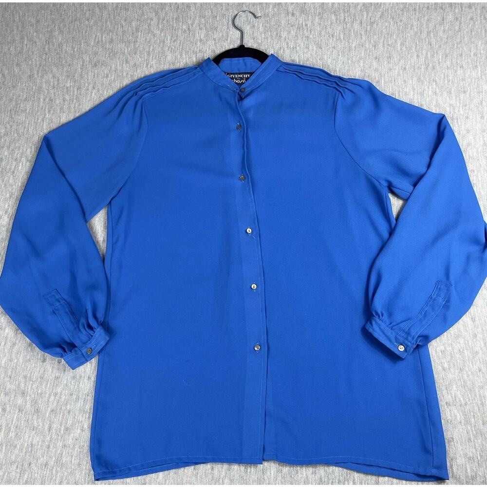 Vintage Givenchy For Chesa Mother Of Pearl Button Up Blouse Blue Size 6 Pleated